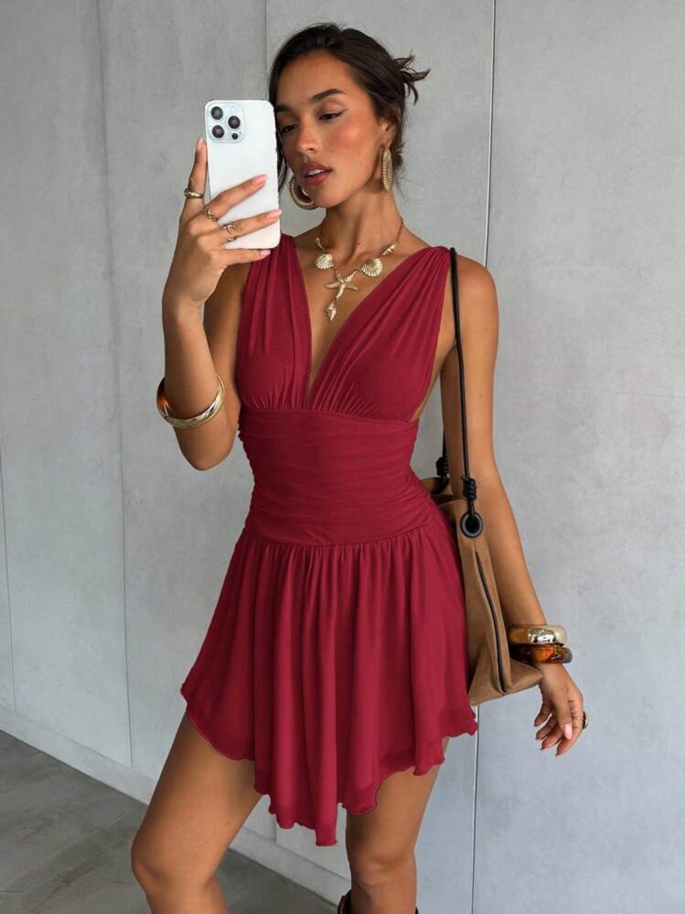 SHEIN Red One-Shoulder Chiffon Cocktail Dress